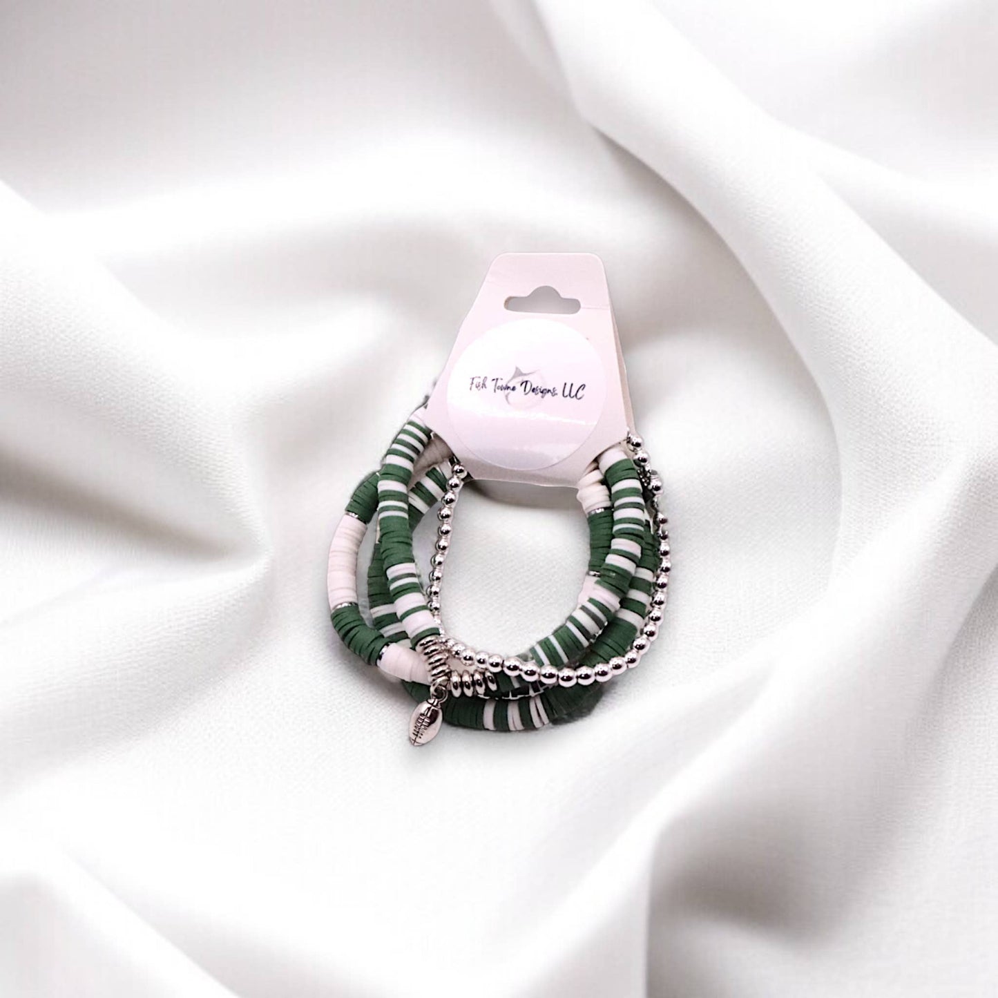 Green and White Game Day Bracelet Stack: Silver (7 inch)