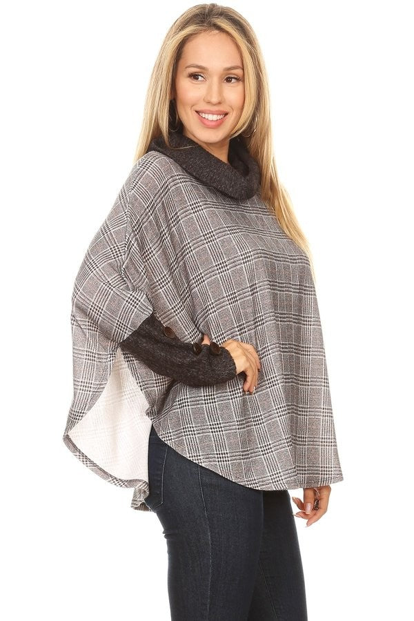Knit Plaid Cowl Neck Top Tunic