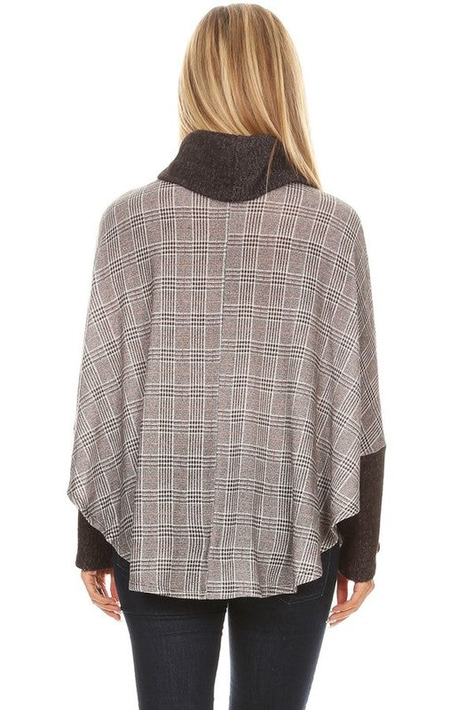 Knit Plaid Cowl Neck Top Tunic