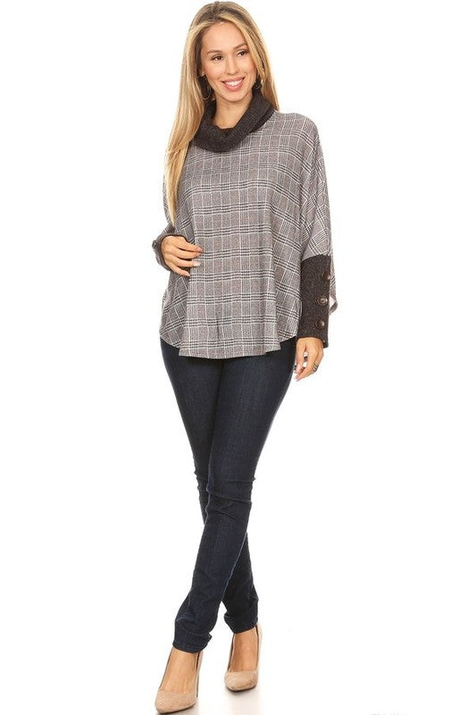 Knit Plaid Cowl Neck Top Tunic