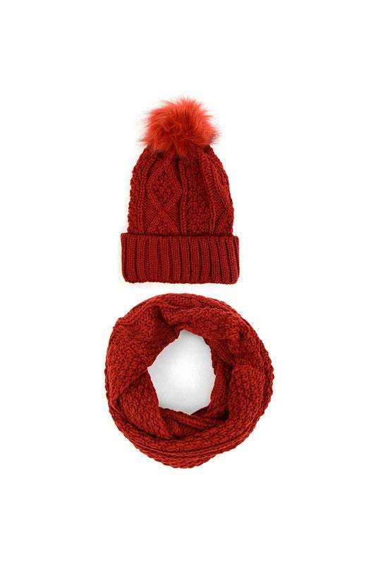 Knit Winter Hat & Infinity Scarf with Pom Set