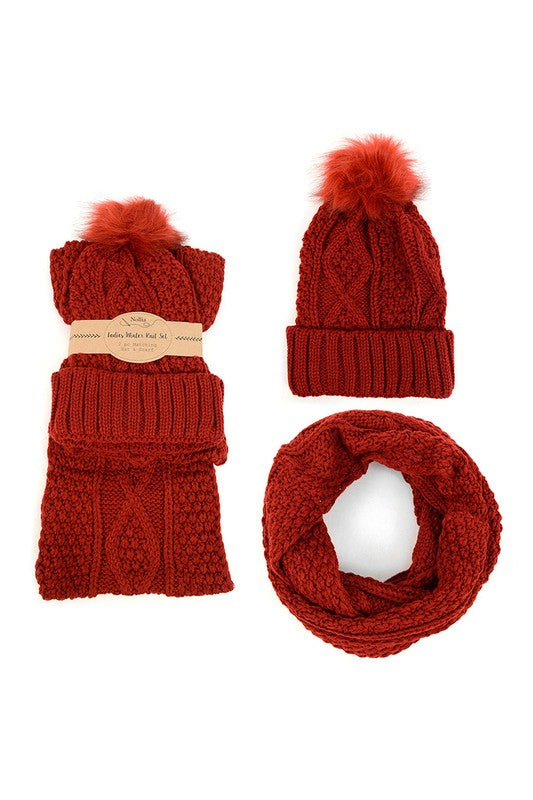 Knit Winter Hat & Infinity Scarf with Pom Set