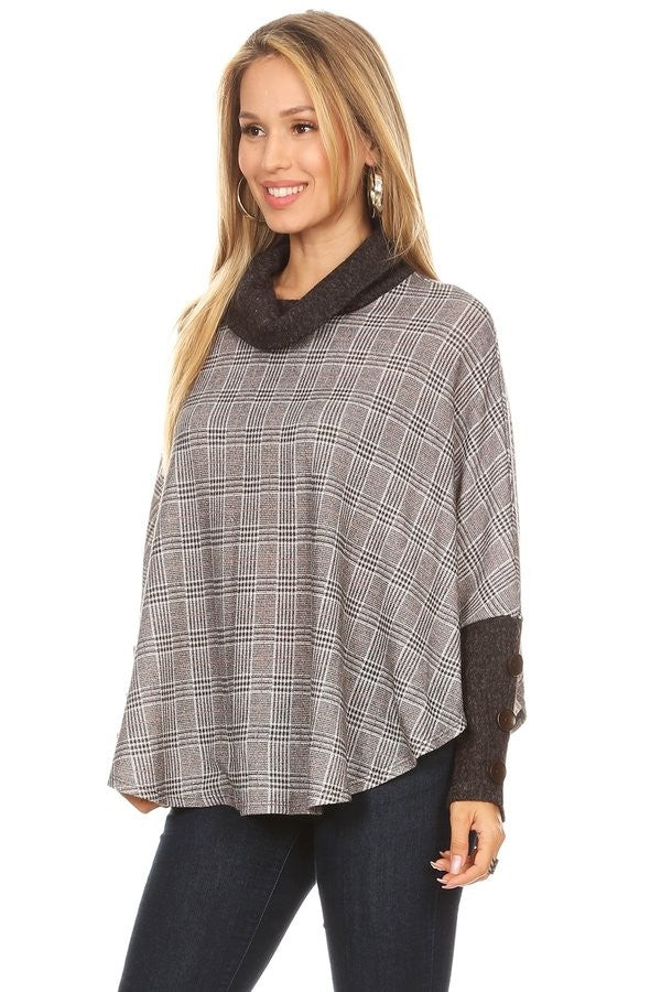 Knit Plaid Cowl Neck Top Tunic
