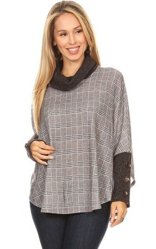 Knit Plaid Cowl Neck Top Tunic
