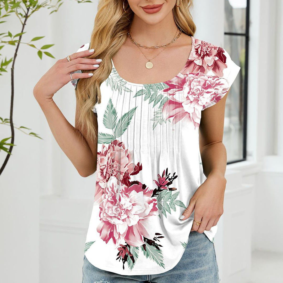 Printed Crew Neck Striped Loose Short Sleeve Top (Floral)