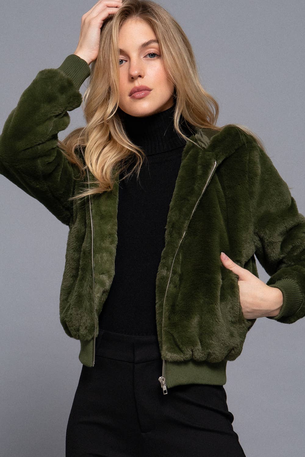 Long Sleeve Zip Up with Hoodie Faux Fur Jacket