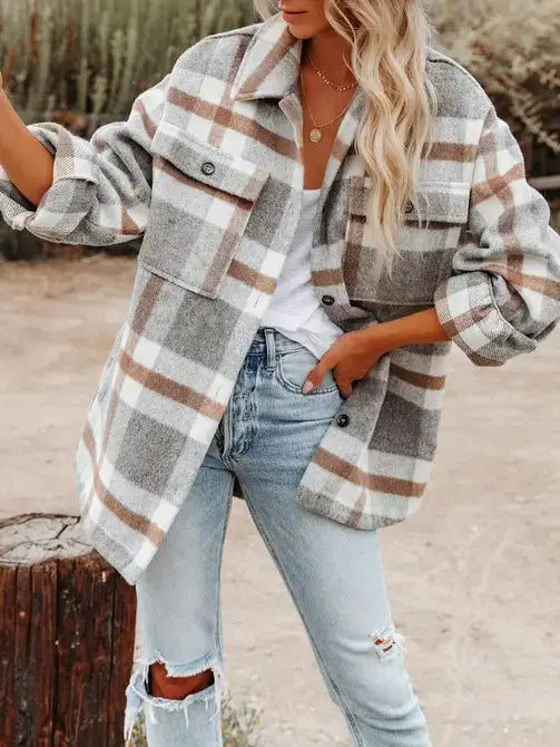 Plaid Button Flannel Shirt Jacket (black & white)