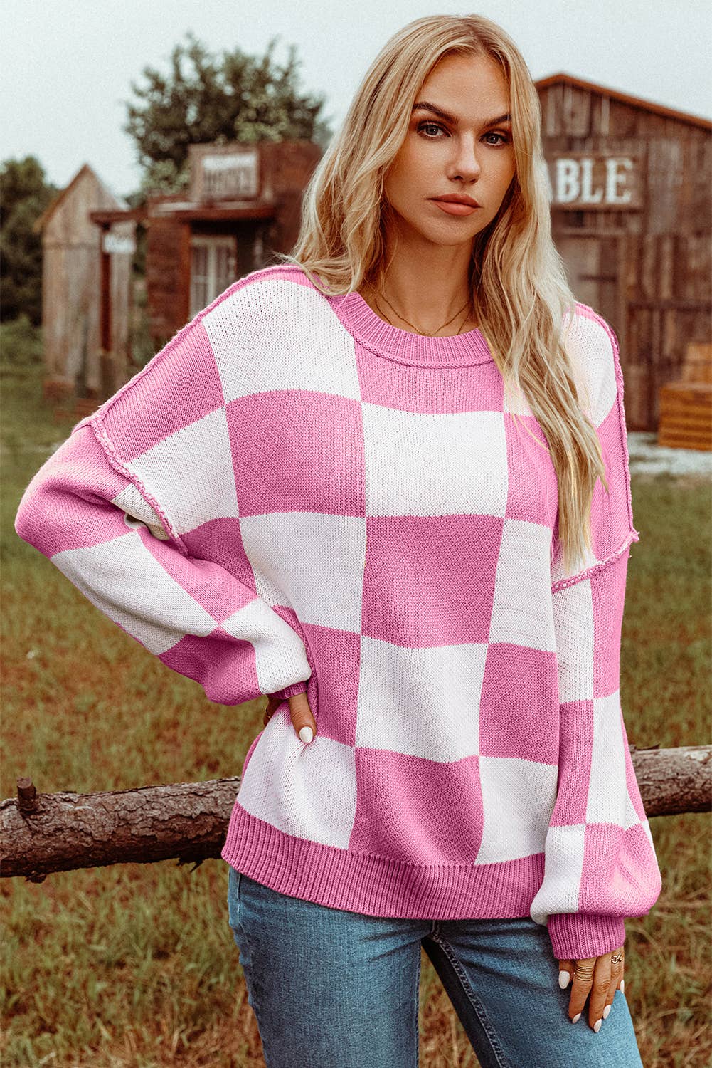 Checkered Bishop Sleeve Sweater