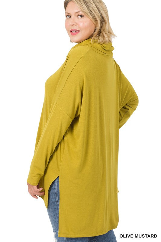 Plus Size Cowl Neck Long Sleeve Hi-Lo Top