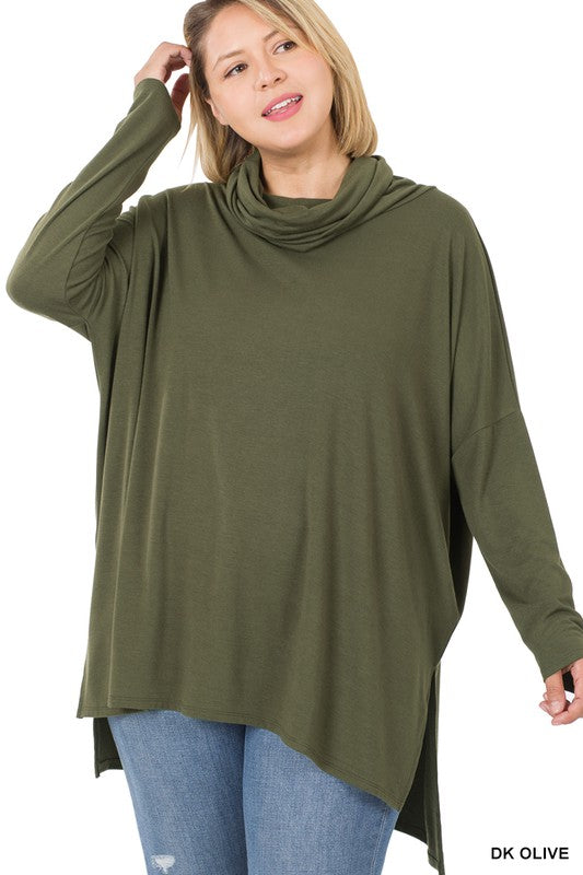 Plus Size Cowl Neck Long Sleeve Hi-Lo Top
