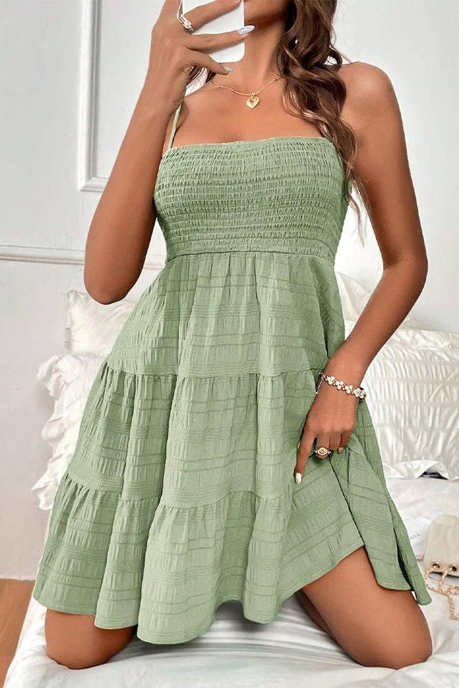 Spring & Summer Plain Textured Smocked Cami Dress