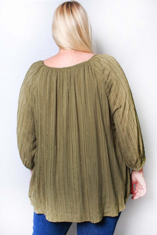 Women's Plus 3/4 Sleeve V Neck Ribbed Top