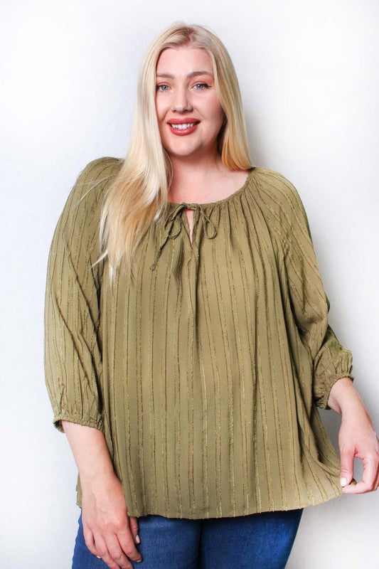 Women's Plus 3/4 Sleeve V Neck Ribbed Top