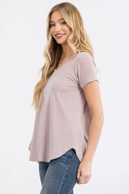 Ribbed V neck short sleeve top