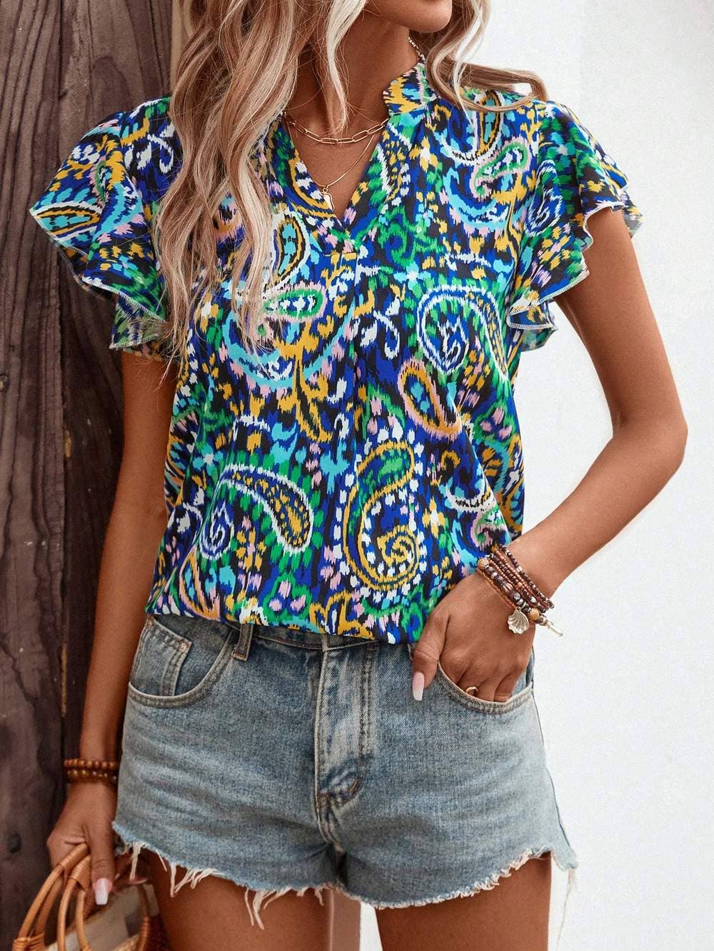 Vcay paisley print butterfly sleeve blouse