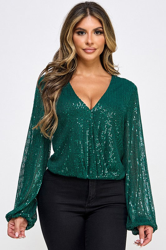 Long Sleeve Sequin Top With Surplice