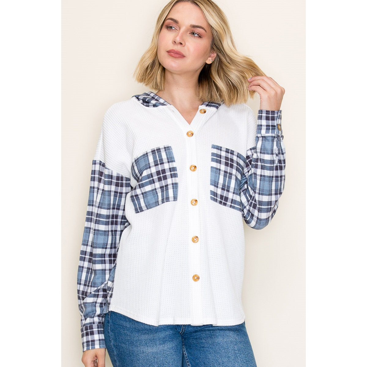 Plaid Contrasted Waffle Knit Hoodie Shirt