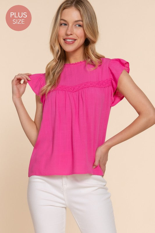 Short Ruffle Sleeve Round Neck with Lace Trim Woven Top