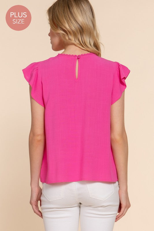 Short Ruffle Sleeve Round Neck with Lace Trim Woven Top