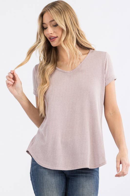 Ribbed V neck short sleeve top