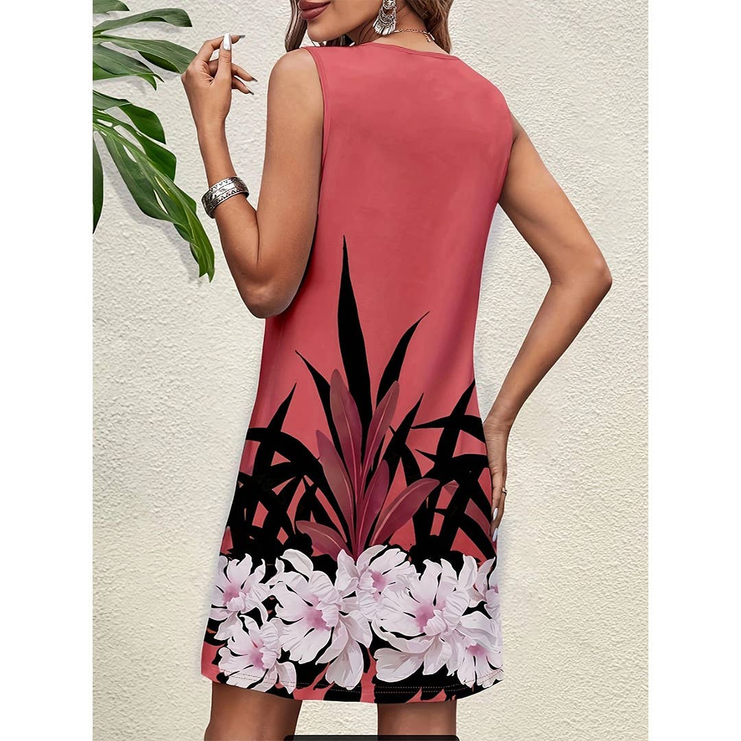 Spring Sleeveless Floral Print Round Neck Dress (Red)
