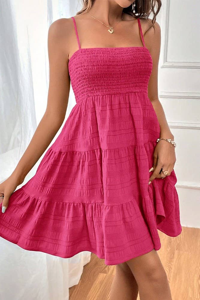 Spring & Summer Plain Textured Smocked Cami Dress