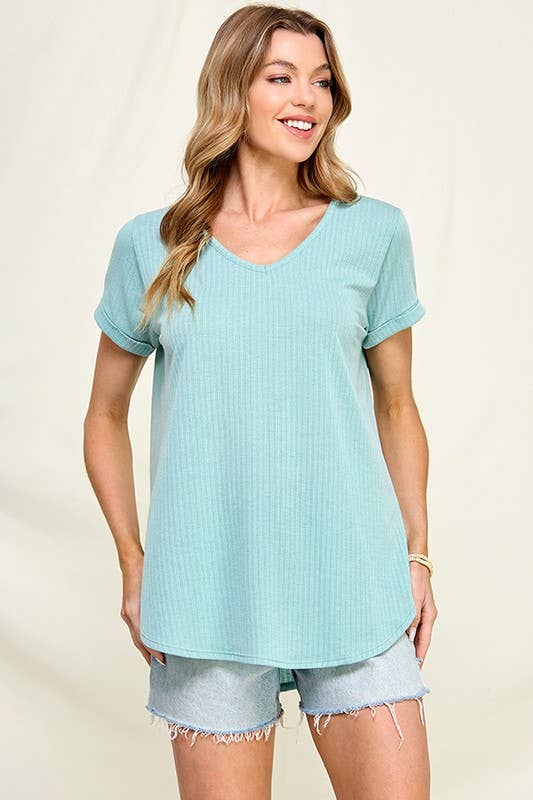 Ribbed V neck short sleeve top
