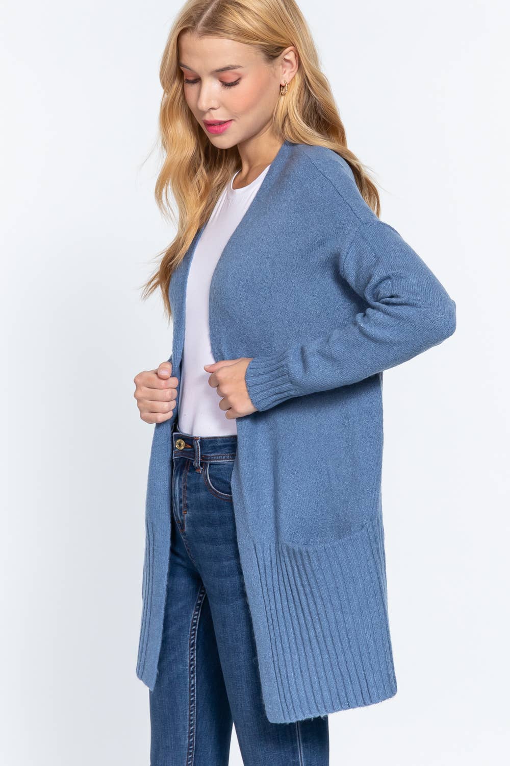 Long Sleeve Open Front with Pocket Sweater Cardigan (black & classic blue)