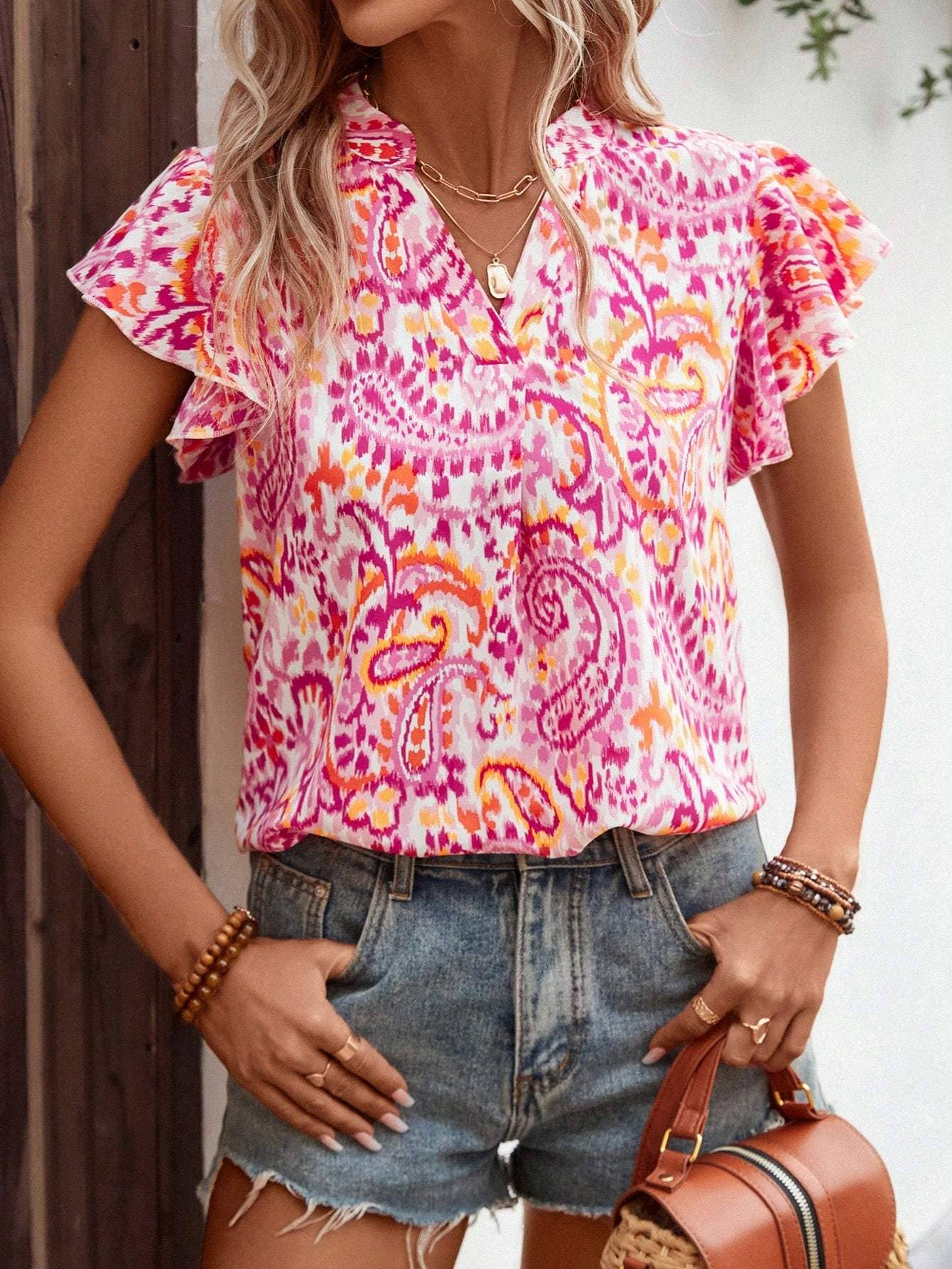 Vcay paisley print butterfly sleeve blouse