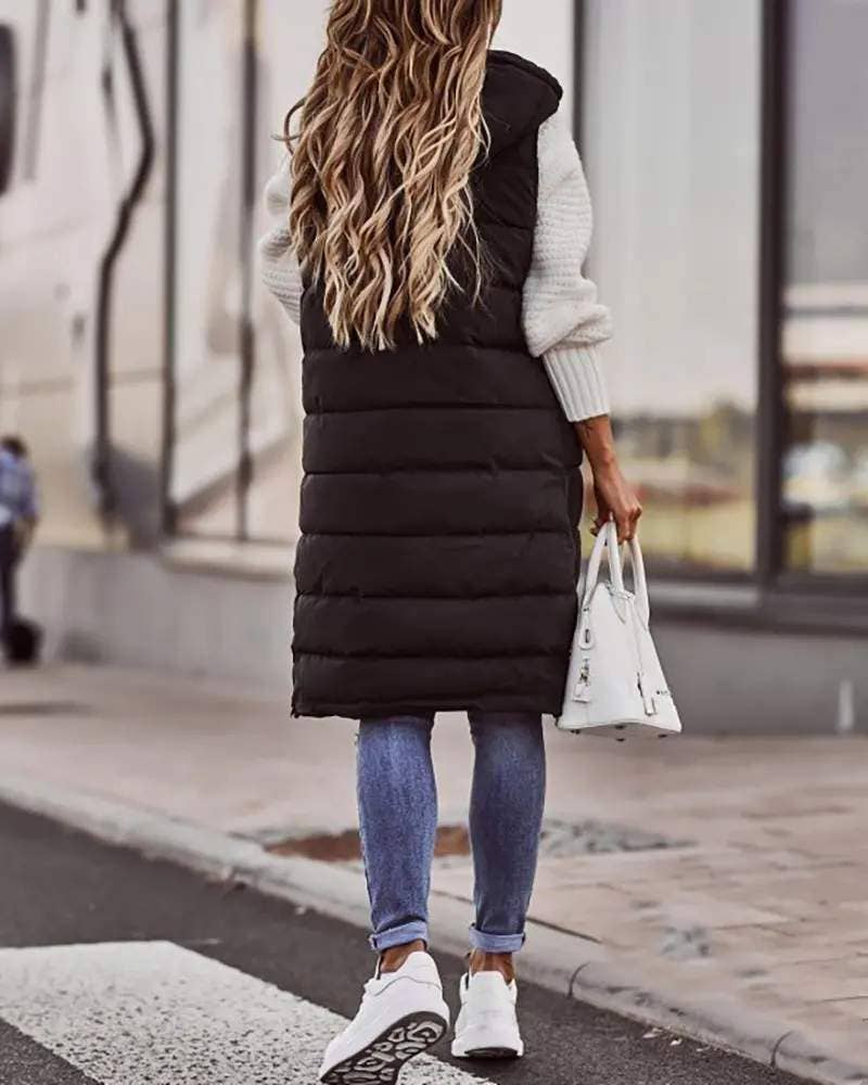 Pocket Button Design Hooded Puffer Vest Jacket