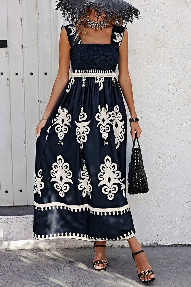 Beach Resort Style Printed Bandeau Maxi Dress (Black & White)