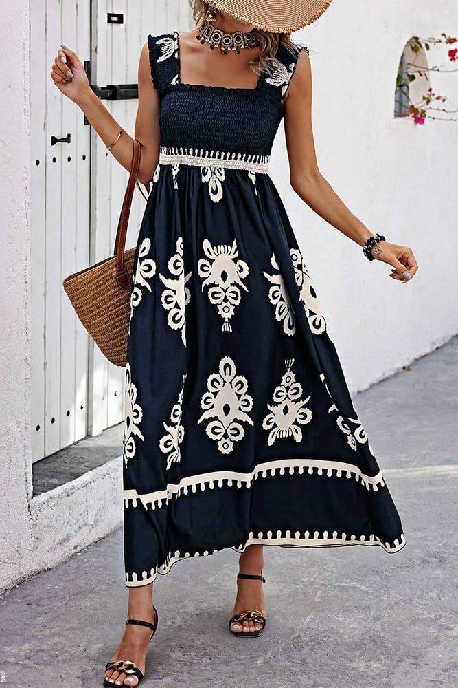 Beach Resort Style Printed Bandeau Maxi Dress (Black & White)