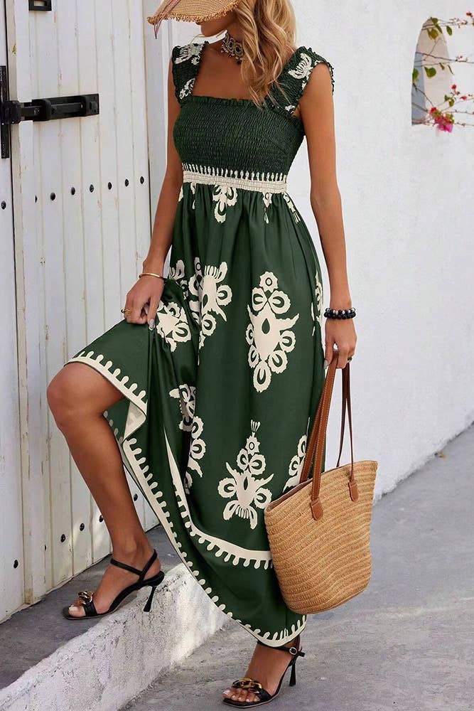 Beach Resort Style Printed Bandeau Maxi Dress (Black & White)