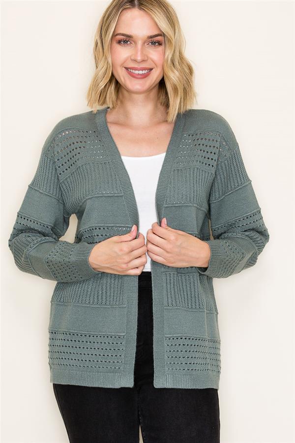 Rib Trimmed Long Sleeve Open Front Pointelle Sweater Cardigan