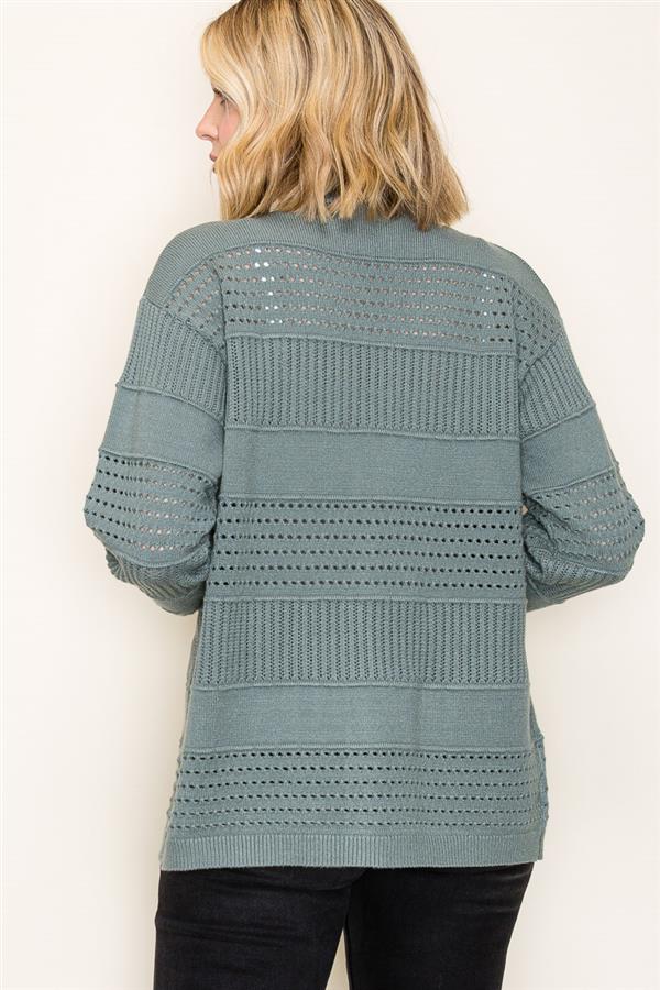 Rib Trimmed Long Sleeve Open Front Pointelle Sweater Cardigan