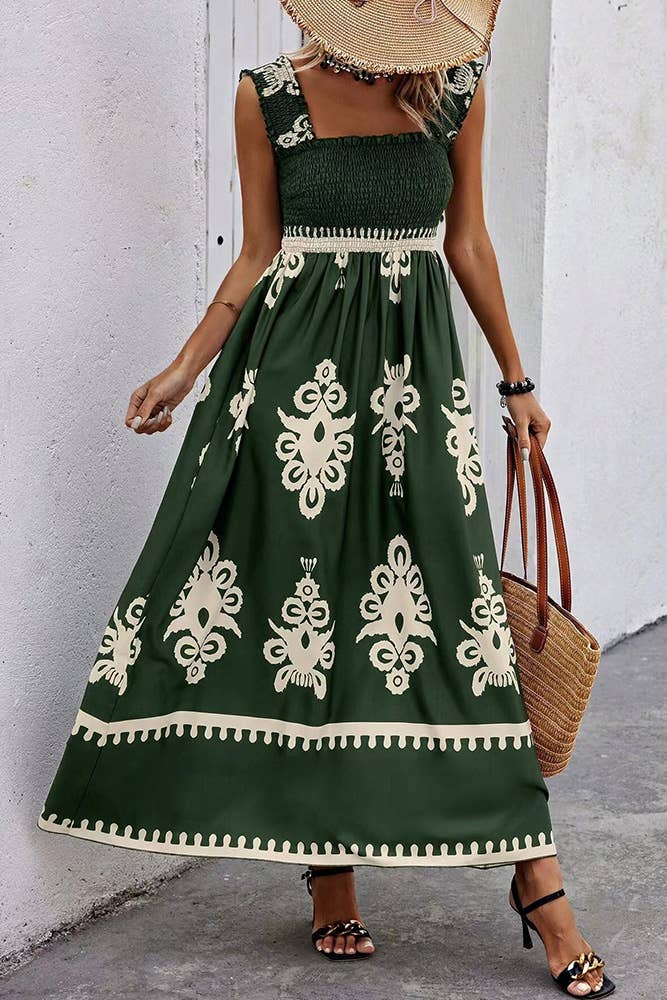 Beach Resort Style Printed Bandeau Maxi Dress (Black & White)