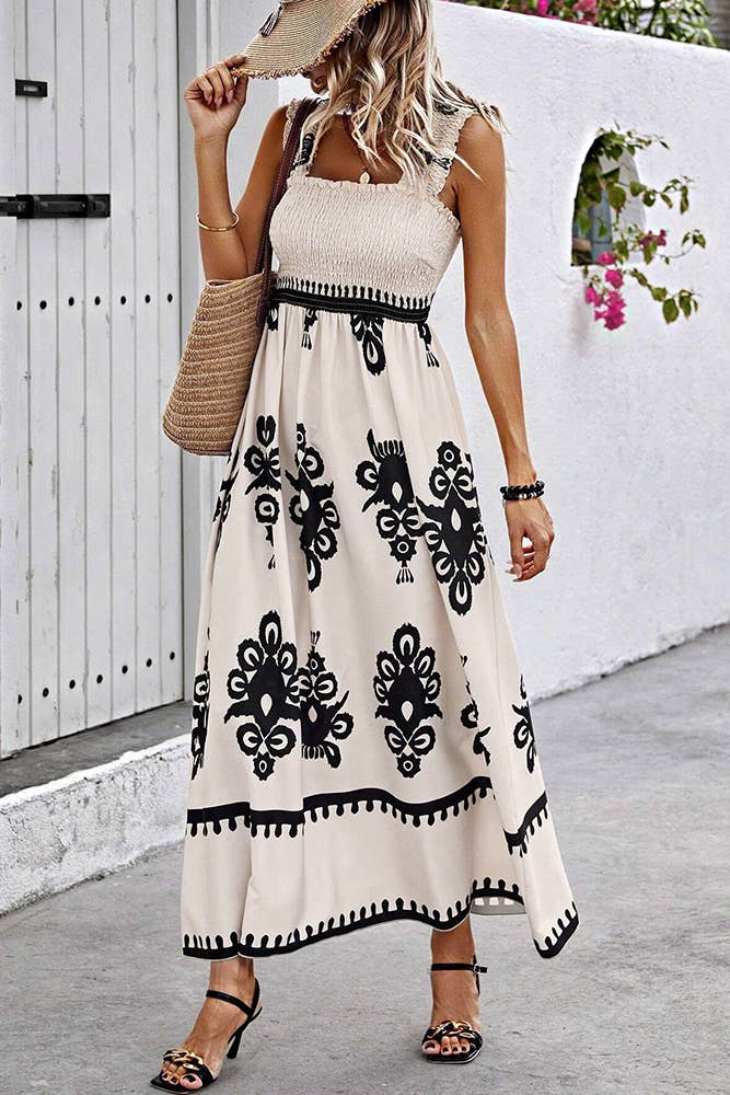 Beach Resort Style Printed Bandeau Maxi Dress (White & Navy)
