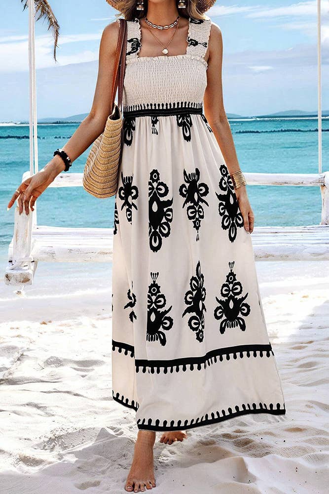 Beach Resort Style Printed Bandeau Maxi Dress (White & Navy)