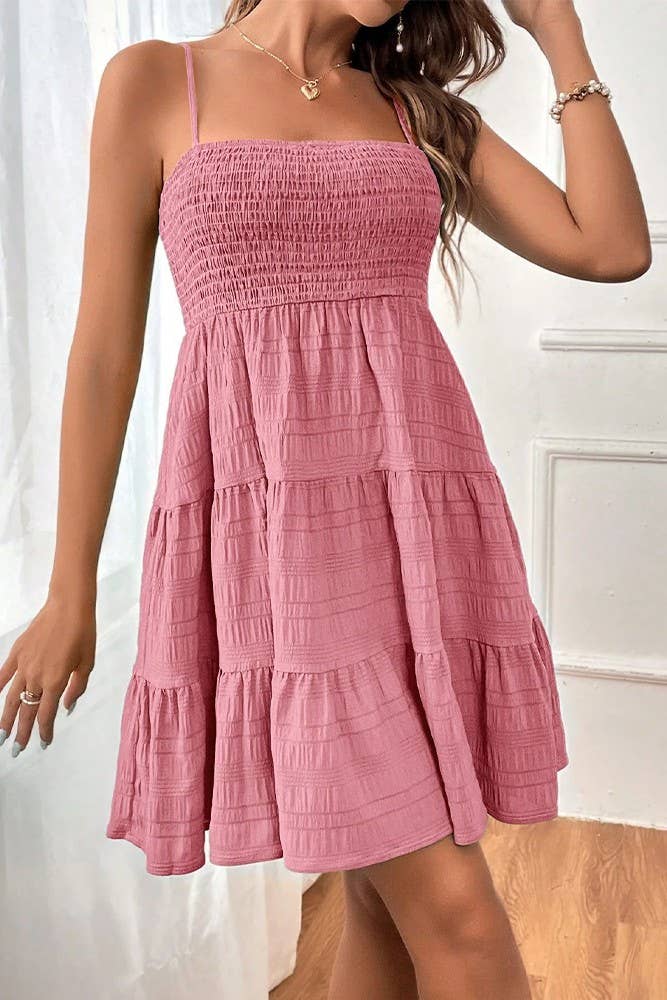 Spring & Summer Plain Textured Smocked Cami Dress