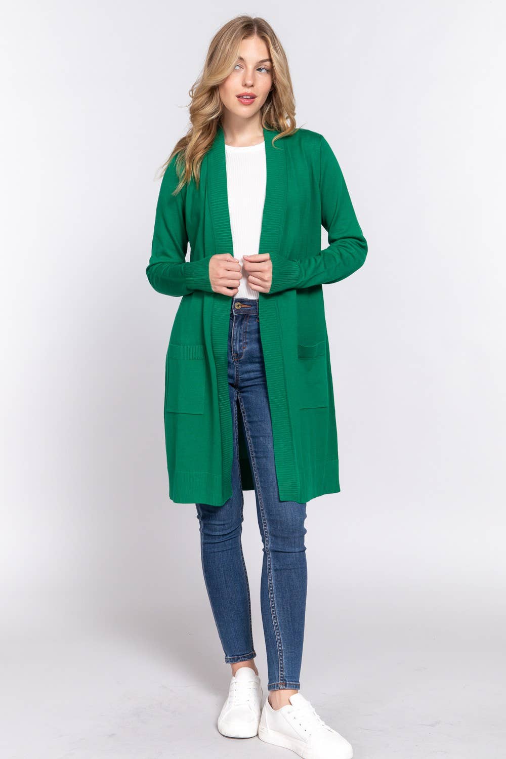 Long Sleeve Rib Banded Open Tunic Sweater Cardigan (charcoal grey)