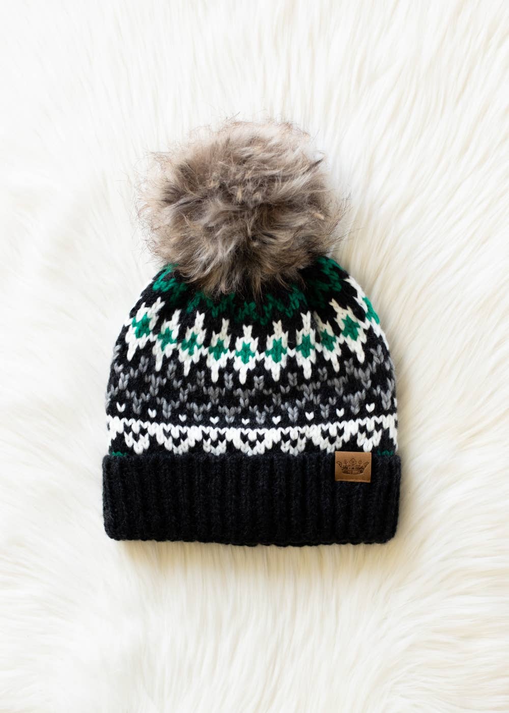 Dark Gray, White & Green Winter Pattern Pom Hat
