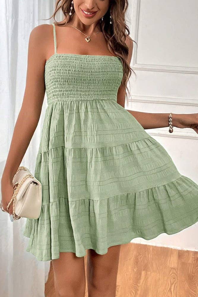 Spring & Summer Plain Textured Smocked Cami Dress