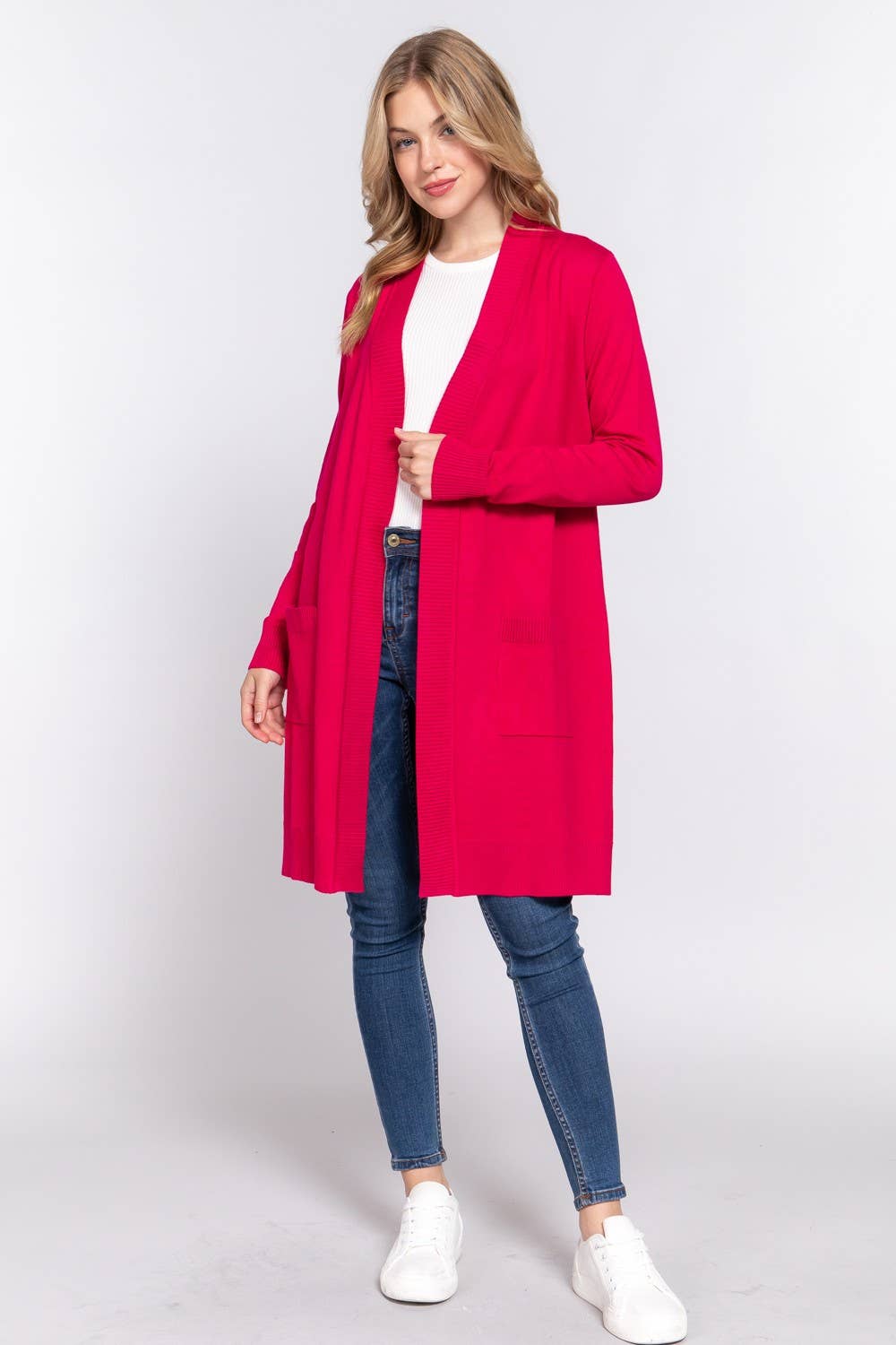 Long Sleeve Rib Banded Open Tunic Sweater Cardigan (charcoal grey)
