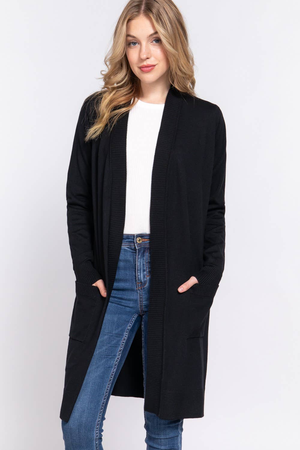 Long Sleeve Rib Banded Open Tunic Sweater Cardigan (charcoal grey)
