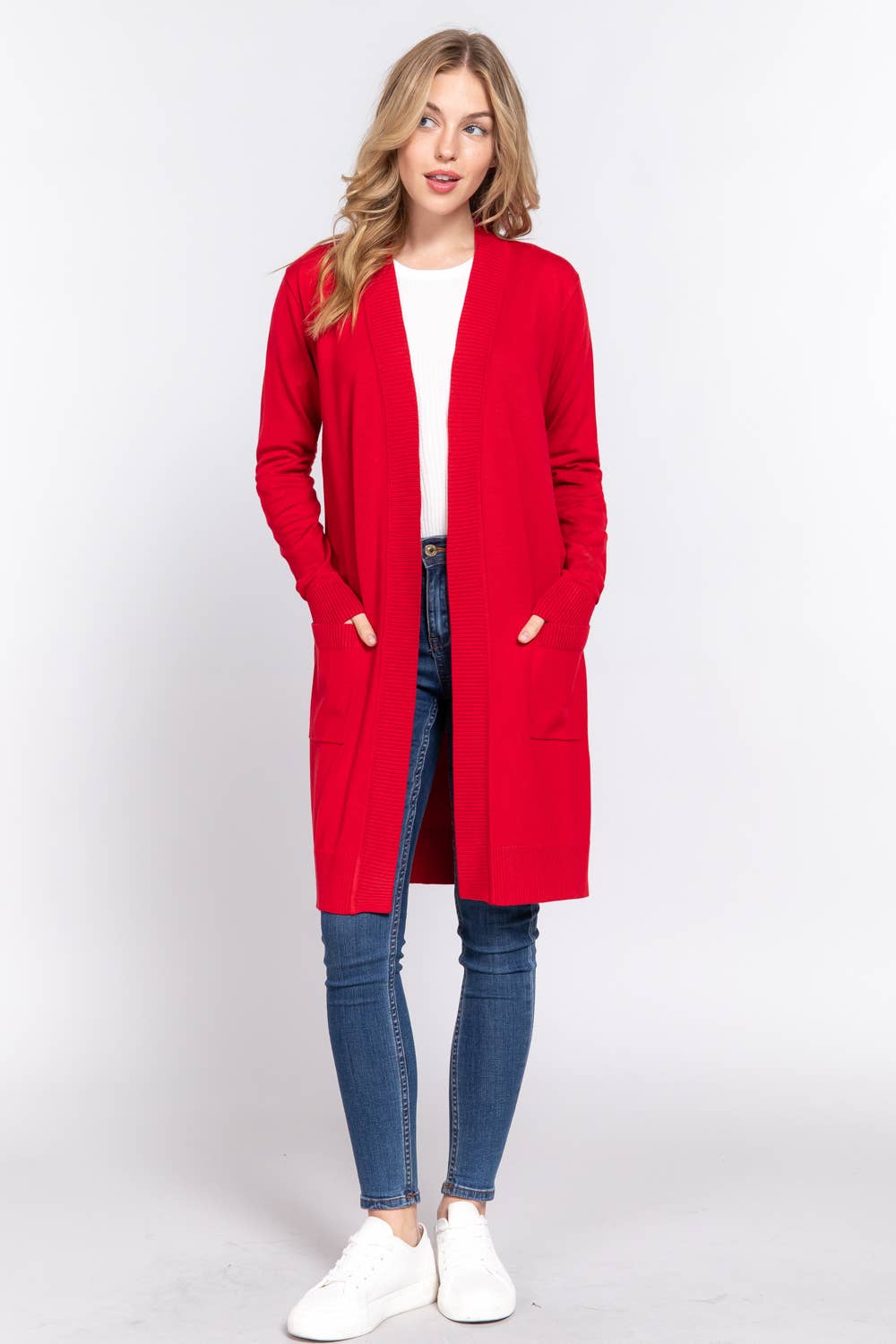 Long Sleeve Rib Banded Open Tunic Sweater Cardigan (teal blue)