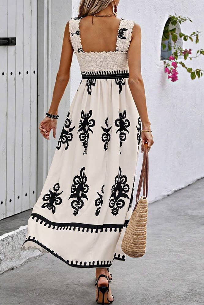Beach Resort Style Printed Bandeau Maxi Dress (White & Navy)