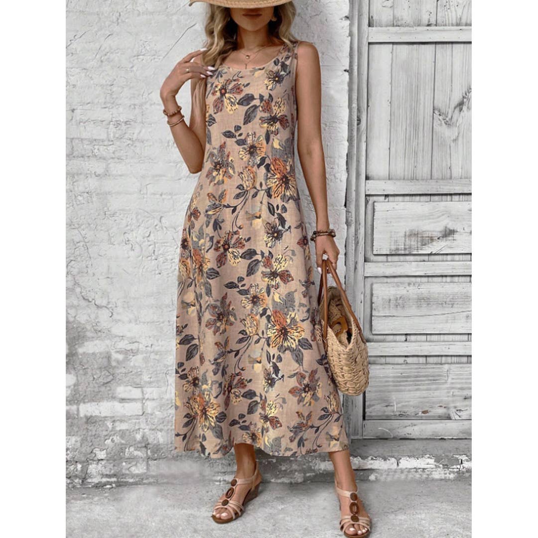 Summer Sleeveless Floral Print Round Neck Dress
