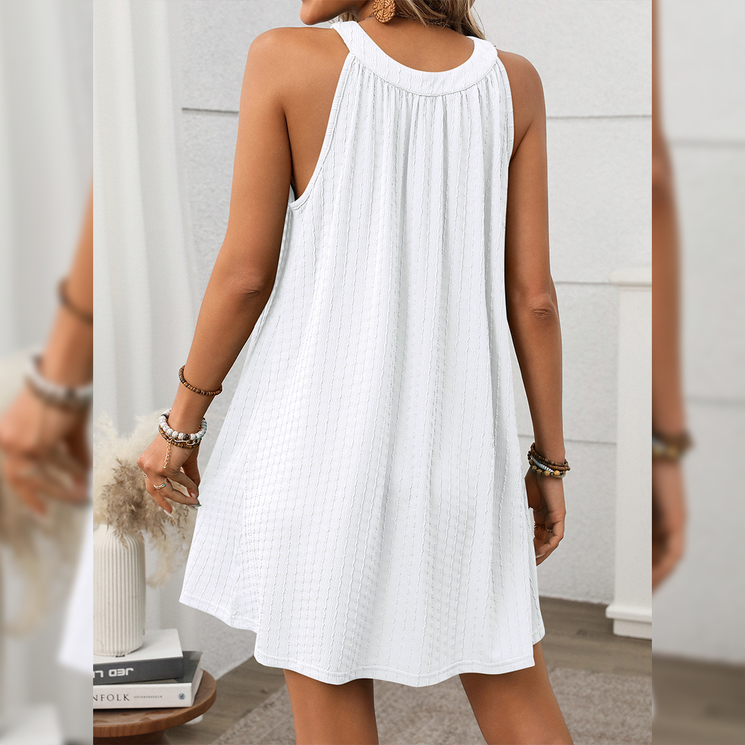 Solid Color Round Neck Halter Loose Sleeveless Dress (White)