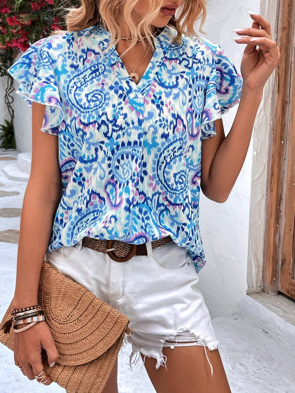 Vcay paisley print butterfly sleeve blouse