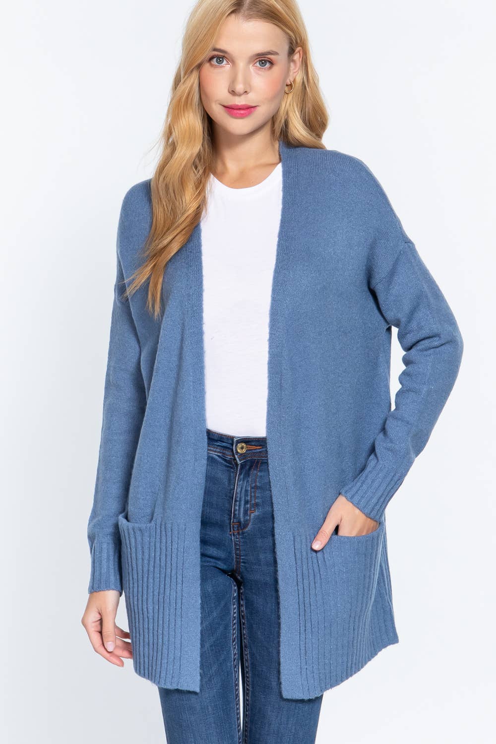 Long Sleeve Open Front with Pocket Sweater Cardigan (black & classic blue)